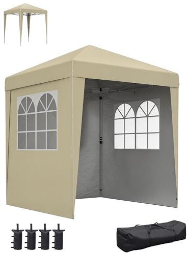 Outsunny - Cenador Plegable para jardín (2 x 2 m, Altura Ajustable, 3 Niveles, antirrayos UV, 30+ 3 Paredes Laterales con 4 Bolsas de Arena y 1 Bolsa de Transporte de Tela Oxford de Acero Beige