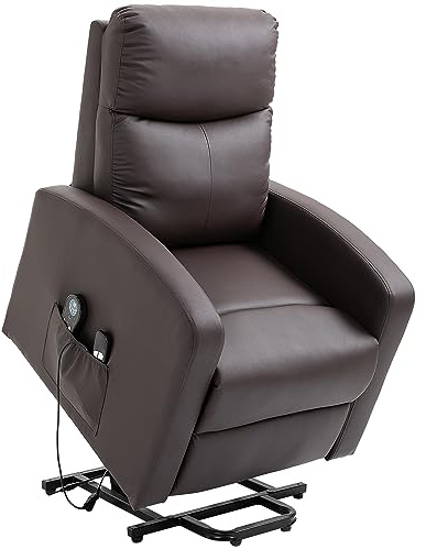 HOMCOM Sessel mit Aufstehhilfe, Elektrischer Relaxsessel mit Liegefunktion, Massagesessel mit Seitentasche, Aufstehsessel mit Fernbedienung, Fernsehsessel aus Kunstleder, Braun
