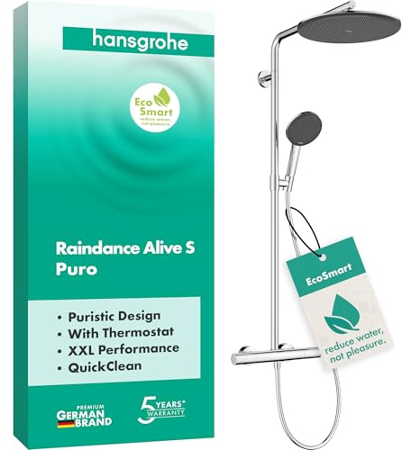 hansgrohe Raindance Alive S Puro - wassersparendes Duschsystem (EcoSmart) mit Thermostat, Regendusche (300 mm) mit Armatur, Handbrause, Schlauch, Brausestange und Kopfbrause, Chrom, 24593000