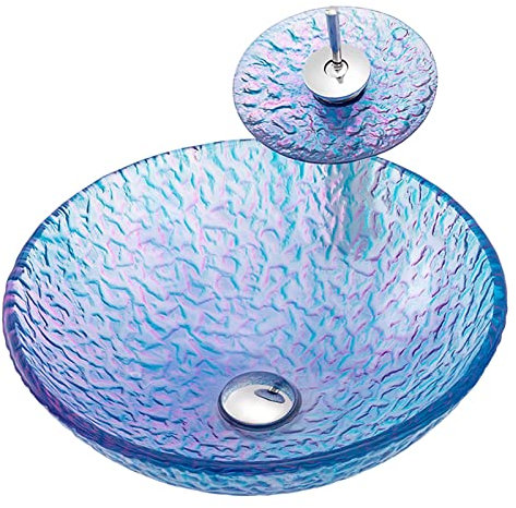 JYBNBBE Lavandino da appoggio per Bagno, lavabo da appoggio in Vetro temperato, lavabo da appoggio Artistico con sfumatura Blu, rubinetti, Scarico a Scomparsa, lavabo da appoggio Rotondo.