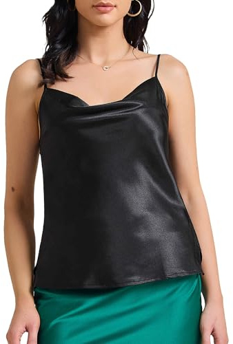 Allegra K Débardeur d'été en Satin pour Femme, col bénitier, sans Manches, Bretelles Spaghetti, Soyeux Noir M