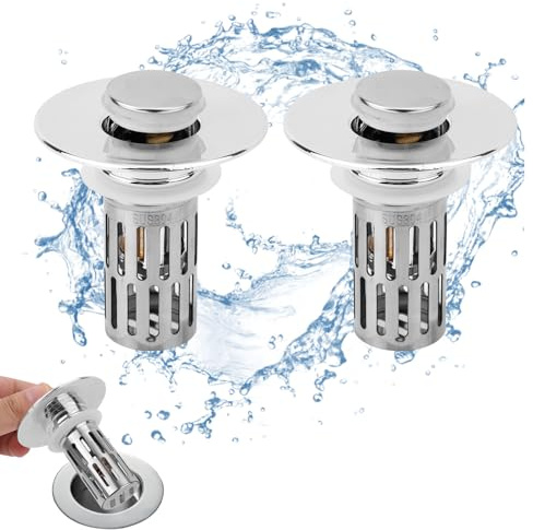 BOXOB 2 Pack Pop-Up Bathroom Sink Stoppers, Universal 3-in-1 Sink Plug with Removable Filter Basket Fits 1.1–1.26 Drain Holes, Haircatcher Drain Strainer for Sinks Wash Basin & Floor Drains