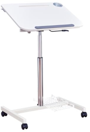 Verstellbarer Rollbarer Beistelltisch, Höhenverstellbarer Laptop-Schreibtisch mit Rollen, Metallrahmen Mobiler Stehpult, Weißer Überbett Laptoptisch für Wohnzimmer