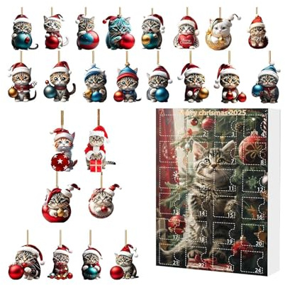 Calendrier De L Avent Pour Noel 2025 | Chat Compte À Rebours en Acrylique 2D,Pendentif de Noël Mignon pour Femme Sœur Amie Enfant Fille