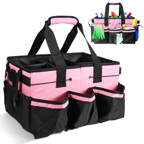Weskjer Pink and Black Cleaning Storage Bag, Shower Caddy Portable Alligator Clip on the Side, Caddy Bag Foldable Space-Saving Tool Organizers Outside Storage Baskets for Picnic Bathing Shopping