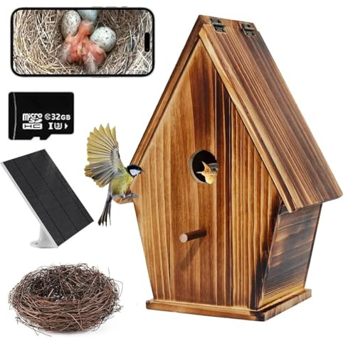 Solar Powered Smart Birdhouse with Camera, 1080P Bird Box with Night Vision for Outside, Auto Capture Bird Video, Motion Detection & 2.4G WiFi App for Bird Activity Monitoring