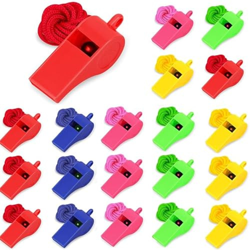 20 Pcs Plastic Whistles with Lanyard Set,Kids Referee Referee Football Ref Sports Whistles with Lanyards,Loud Sturdy Wearing Comfort Ease Use for School Sport Training Security And Emergency Survival