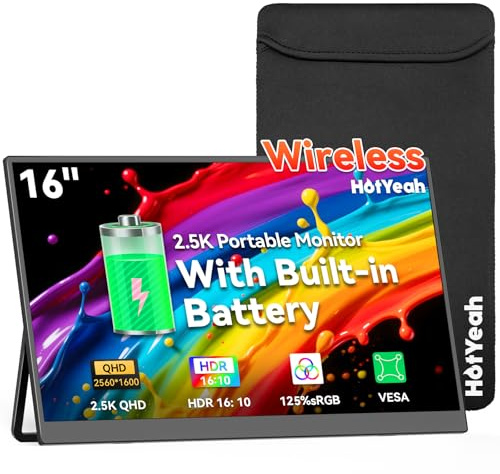 HotYeah 16 2.5K Wireless Portable Monitor Battery-Powered, Support AirPlay Miracast, 2560×1600P USB-C HDMI External Monitor, 2nd Screen for Laptop MacBook PC Phone Tablet, w/Built-in Battery(4-5H)