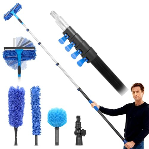 Window Cleaning Equipment, 5-20ft Window Squeegee with Telescopic Window Cleaning Poles for Home/High Windows, Feather Duster window Cleaning Kit with Cobweb Duster/Feather Duster/Ceiling Fan Duster