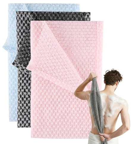 3Pcs Exfoliating Towel,Exfoliating Shower Towel,Back Extra Long Exfoliating Washcloth for Men Women,Exfoliating Body Scrubber for Cleaning and Massage, Slim and Portable, Ideal for Travel