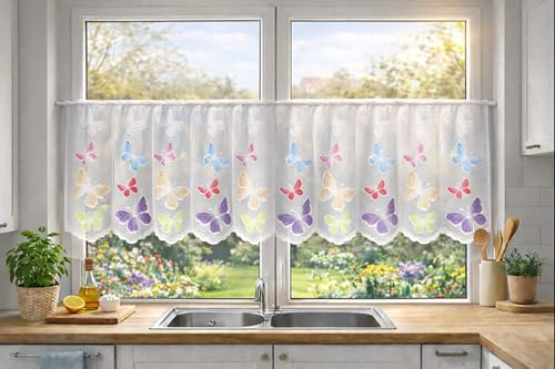 KAMACA Bistrogardine Kürzbare Scheibengardine Küchengardine mit handcolorierten Motiven Halbtransparenter Kurzstore Lichtdurchlässiger Sichtschutz Individuell anpassbar (HxB 45x145 cm Schmetterlinge)