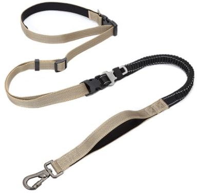 MotiveTech Laisse Mains Libres Réglable Laisse Bandoulière Ajustable pour Propriétaires Chiens, Joggeurs, Jogging, Voiture, Kaki, Largeur 2cm, Longueur 145-240cm
