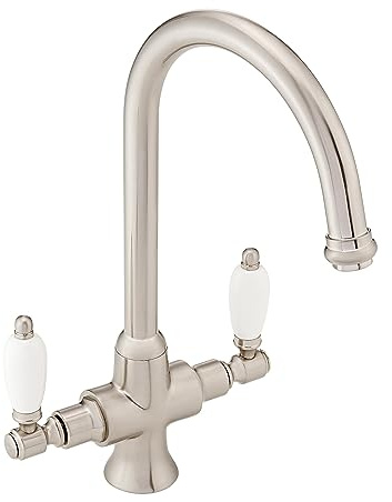 ENKI, Dorchester, KT060, Brushed Nickel Dual Flow Kitchen Sink Mixer Tap for Basin, with Twin White Levers Swivel Spout Perfect for Double Bowl Sinks, Easy and Safe to use Drip Free Ceramic Valve | Ceramic Disc Valve, Low Pressure Compatible, Swivel Spout, Flexible Hoses Included, Easy Install, Fittings Included