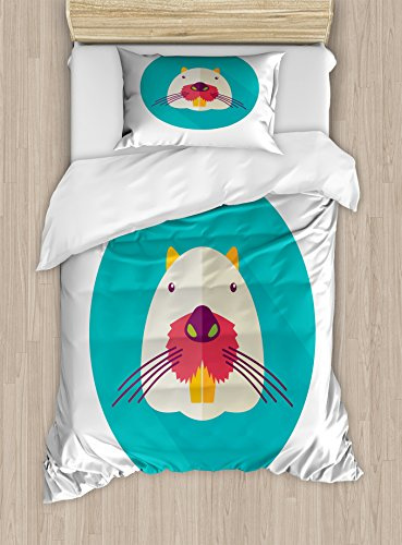 Ambesonne Colorful Duvet Cover Set, Beaver Portrait with Small Eyes and Giant Teeth Cartoon Style Animal Illustration, Decorative 2 Piece Bedding Set with 1 Pillow Sham, Twin Size, Multicolor