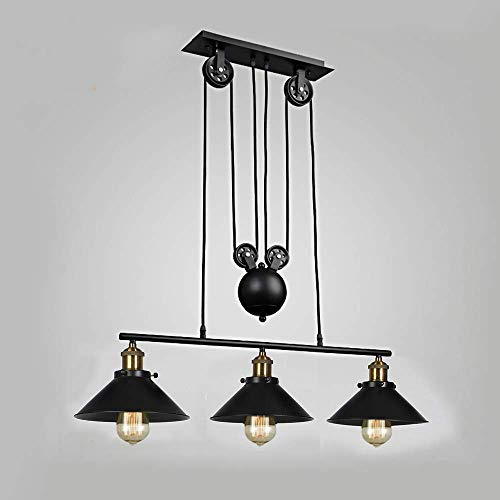 Industrielle Vintage Deckenpendelleuchte, Retro Riemenscheibe aufgehängt Rise and Fall Hängelampe E27 Antike verstellbare schwarze Metallrohr Kronleuchter, Lampe für Kitchen Island Bar Flur Esszimmer