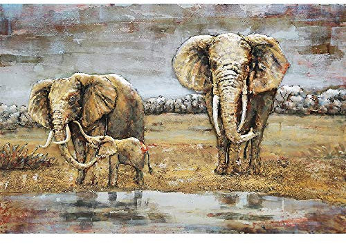 IDYL Metall-Bild mit 3D-Effekt | Moderne Kunst | Elefanten am Wasser | Dickhäuter | 80 x 120 x 7 cm | Nr. 1432