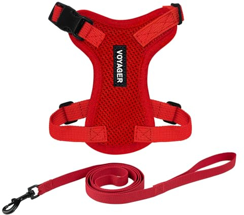 Voyager Step-in Lock Katzengeschirr und reflektierende Katzenleine mit Neoprengriff by Best Pet Supplies - Unterstützt kleine, mittelgroße und große Katzenrassen, Rot, size XXXS - 1,5 m