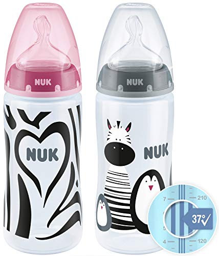 NUK First Choice+ Baby Bottles Set | 0-6 Months | Temperature Control | 300 ml | Anti Colic Vent | Silicone Teat | BPA-Free | 2 Count | Monochrome Animals (Pink and Grey)