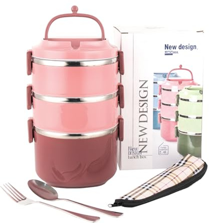 SANQIAHOME 3 Schichten Mehrschichtige stapelbare Edelstahl-Lunchbox,Auslaufsicher,rosa