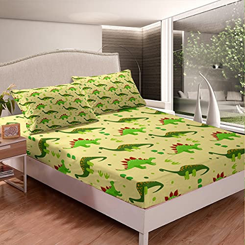 Juego de sábanas bajeras y Fundas de Almohada de Dinosaurio de Dibujos Animados, Juego de sábanas de Animales de la Selva para niños y niñas, Lindas Plantas de Dinosaurio, Animales Salvajes, Color Am