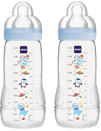 MAM Easy Active Water Bottle Set of 2 (330 ml), Baby Drinking Bottle With Teat Size 2, SkinSoft Silicone, Ergonomic Shape, 4+ Months, Space