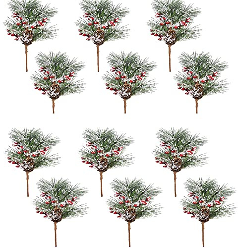 EESLL - Set di 12 plettri natalizi in legno di pino rosso, con fiori di agrifoglio e innevati, per decorazioni natalizie e decorazioni natalizie.