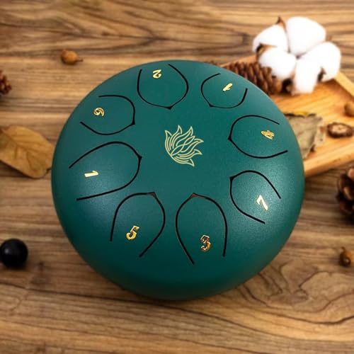 Eavnbaek Rain Chime Drum - 8 Note 6 Zoll Regentrommel für Außen Garten, mit Tasche, Notenbuch, Drumsticks, Schlägelhalter und Fingerpaddel, Stahlzungentrommel für Geschenke Yoga Bildung (Grün)