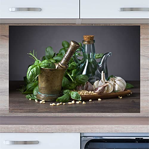 INDIGOS UG Küchenrückwand Platte für Fliesenspiegel - Knoblauch und Kräuter - 110x50 cm - Spritzschutz Aluverbundplatte hitzebeständig - Rückwand Küche modern abwischbar - Herd & Ofen