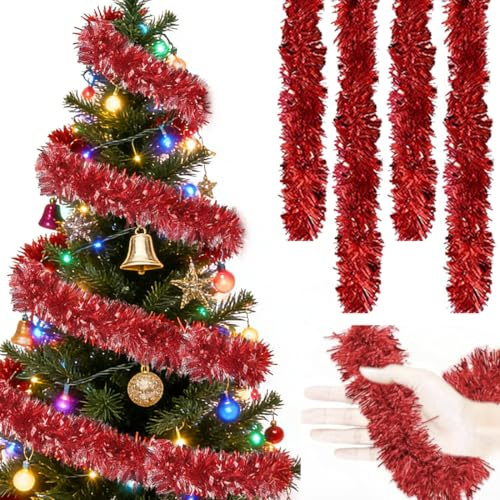 Bukezudang Lametta Girlande Weihnachtsbaum Girlande, 4er Pack (8m Gesamtlänge) Extra Buschig & Glänzend, Girlandes Weihnachtsbaumschmuck für Christbaum & Festliche Partydekoration