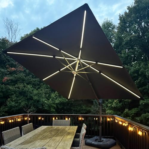 PURPLE LEAF Ampelschirm 300 x 300 cm Sonnenschirm mit LED Beleuchtung, Neigbar Kippbar Gartenschirm mit Kurbel, Aluminium Gestell, 360° Rotation, Grau
