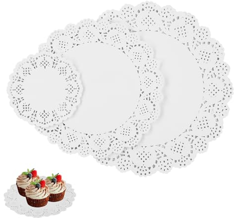 IEMIEBSHA 300 Stück Rund Papierdeckchen, Tortenspitze Lace Papier Kuchen Verpackung Papier Pad, Runde Spitze Papiermatten Tischsets für Hochzeit Geburtstag Geschirrdekoration (11cm, 21cm, 26cm)