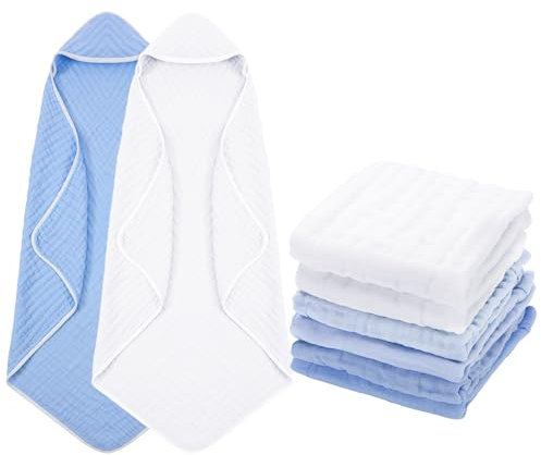 Peryiter Set di 8 asciugamani da bagno in mussola con cappuccio e panno per il lavaggio, in morbida garza di cotone per bambini, salviette assorbenti, asciugamani per il viso o per il viso per ragazze