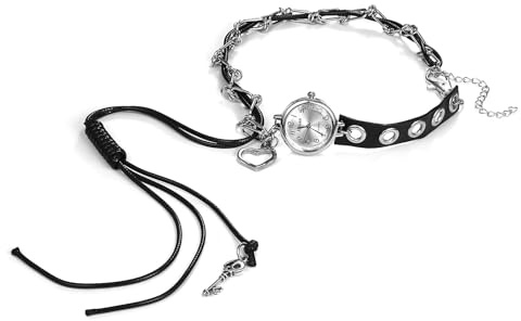 Silverora Orologi da donna Gothic Chocker Orologio da pendente: punk analogico al quarzo da donna con collana in acciaio inox orologi hippie hip hop regali per le donne, Argento rotondo