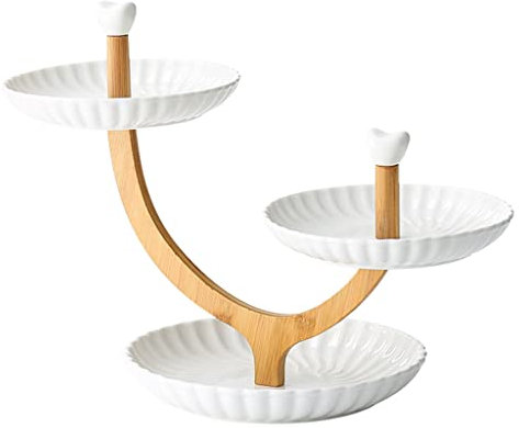 Frutero Juego de fruteros con estante de bambú natural, juego de bandeja para servir cesta de frutas de cerámica para frutas, postres, aperitivos, pasteles, cestas de frutas dulces para mostrador de c
