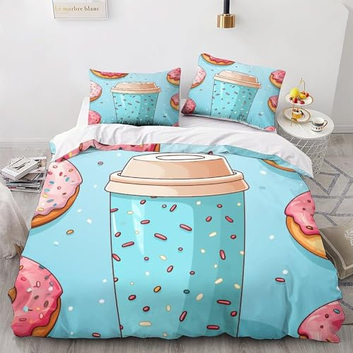 Copripiumino Matrimoniale 260x240 Ciambella, Set di Biancheria da Letto Tè Al Latte in Morbida Microfibra Stampata in 3D con Cerniera Copripiumone con 2 Federe 281-H