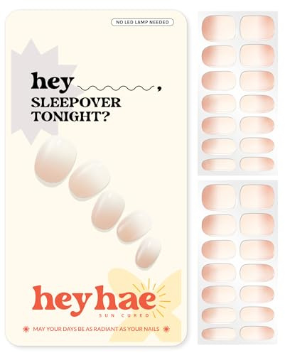 Heyhae Semi Cured Gel Nail Strips | No LED Lamp Needed | Ombre, Neutral, Spring | Easy Apply & Remove, Salon Quality |Includes 28 Strips, 1 Prep Pads, Nail File & Wooden stick- Hey, Sleepover Tonight?