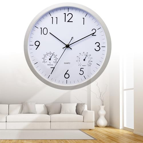 Gartenuhr Wetterfest Outdoor, Geräuschlos Außenuhren Wasserdicht Mit Temperatur, Außenuhren Wetterfest Mit Thermometer und Hygrometer, Wetterfest Für Drinnen Und Draußen (Weiß)