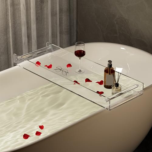 GIYDNEI Vassoio Per Vasca Da Bagno in Acrilico Trasparente, Vassoio Per Vasca Da Bagno Con Maniglie, Organizer Per Mensola Da Bagno Impermeabile Accessorio Per Il Bagno,Clear,90cm