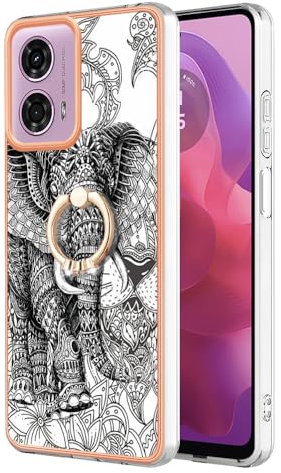Unichthy Case For Motorola Moto G85 Cover with Glitter Diamond Ring Stand Holder Pocket Cover Glossy Finish Shockproof Silicone Lightweight TPU Rubber Phone Skin for Motorola Moto G85 Elephant