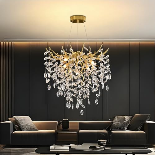AHXIAOZN Lustre moderne en cristal doré, grand lustre de luxe en forme de goutte de pluie, suspension ronde en cristal, fixation lumineuse, pour îlot de cuisine, salle à manger, 60 cm