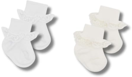 Coccoli | 2 Paia di Calzini Neonato in Caldo Cotone con Risvolto e Pizzo, Made in Italy (Tg. 0, panna, bianco)