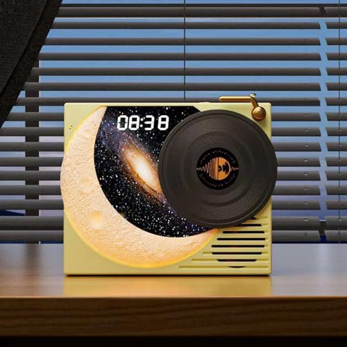 Plyisty Retro Bluetooth 5.3 Speaker, Wireless Speaker with Moon Style Ambient Light and Clock Display, Light 360 Degree Surround Sound, Radio Function, Retro Decor for Home (Yellow)
