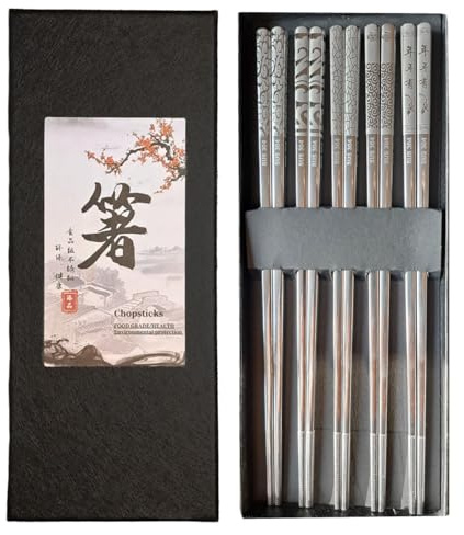 Metall Essstäbchen Wiederverwendbar Titan Überzogen Edelstahl Chop Sticks 5 Paar Wiederverwendbare Metall Chinesische Essstäbchen Spülmaschinenfest Leichtes Quadratisches Design Silber Japanisch