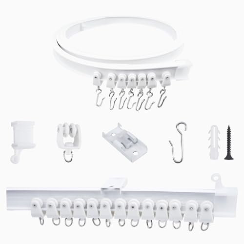FOGAWA 2m Vorhangschiene mit 16 S Haken, Deckenvorhangschiene, Flexible Gardinenschiene, Gebogen, Deckenschiene für Vorhänge, Duschvorhangstange, Raumteiler, Vorhangschienensystem Deckenmontage, Weiß