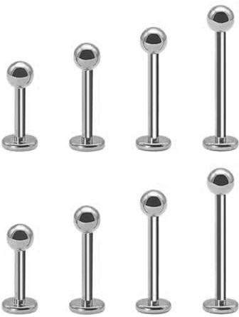 Jewel Barrel 8pcs Labret Piercing Jewellery Bars Lip Studs for Tragus, Helix, Monroe, Flat Back Earrings | 16G Surgical Steel for Men & Women | 6mm, 8mm, 10mm, 12mm Length with Ball (Silver)