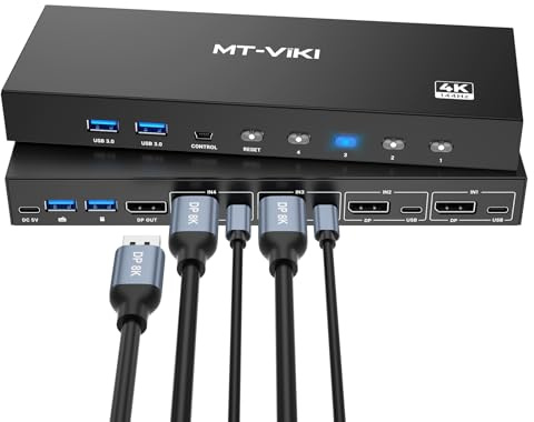MT-VIKI 8K Displayport KVM Switch 4 in 1 Out DP1.4 with 4 USB 3.0 Ports, Support 8K@60Hz 4K@144Hz Share 1 Monitor Keyboard Mouse U-Disk Printer, with 4 USB A to C Cables