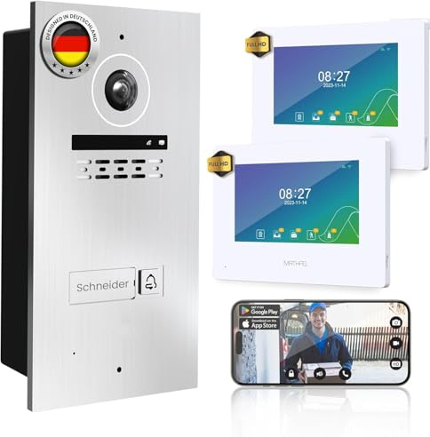 MATHFEL 2-Draht Video Türsprechanlage Einfamilienhaus – Full HD 170° Kamera mit WLAN – 2×7-Zoll Touchscreen – Individuelle Gravur (Silber)