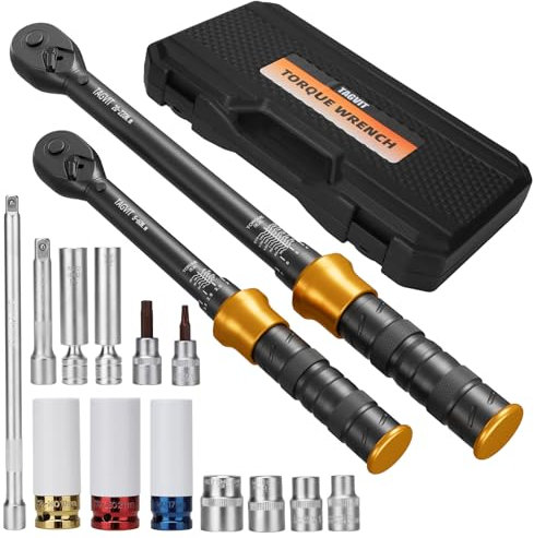 TAGVIT 1/2 & 3/8 Chiave Dinamometrica, 5-60Nm, 20-220Nm, 15 Pezzi Kit di Manutenzione con Barra di Prolunga, Bussole di Protezione Pneumatici, Presa per Candele, Torx e Presa per Auto, Moto