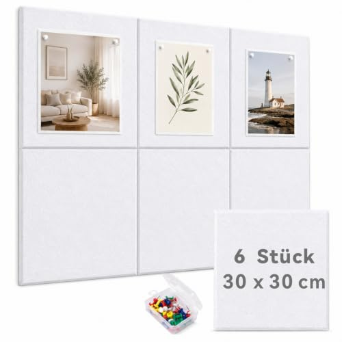 BravoForge Groß Pinnwand Filz, 6 Stück 30 x 30 cm Weiß Filzwand mit 30 Stecknadeln und 36 Sichere Abnehmbaren Klebetabs, Korkwand-Alternativen für Wand, Haus, Büro, Schule, Fotos Memos (Weiß)