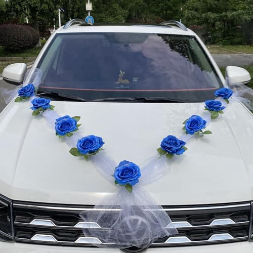 Autoschmuck Hochzeit,Hochzeitsauto Dekorationsset, Car Wedding Girlande, Blumenschmuck Auto Hochzeit, DIY Weiß Gaze Blau Rosen Dekoration Set,Auto Schmuck Hochzeit mit 9 Rosen,2x1.7 m Gaze,Blau+Weiß